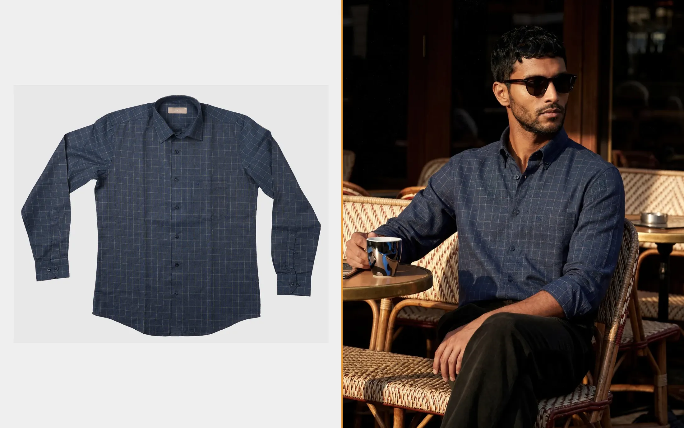 A checked shirt as the brand sent it, laid flat, beside the same shirt worn on model — made with AI by the studio