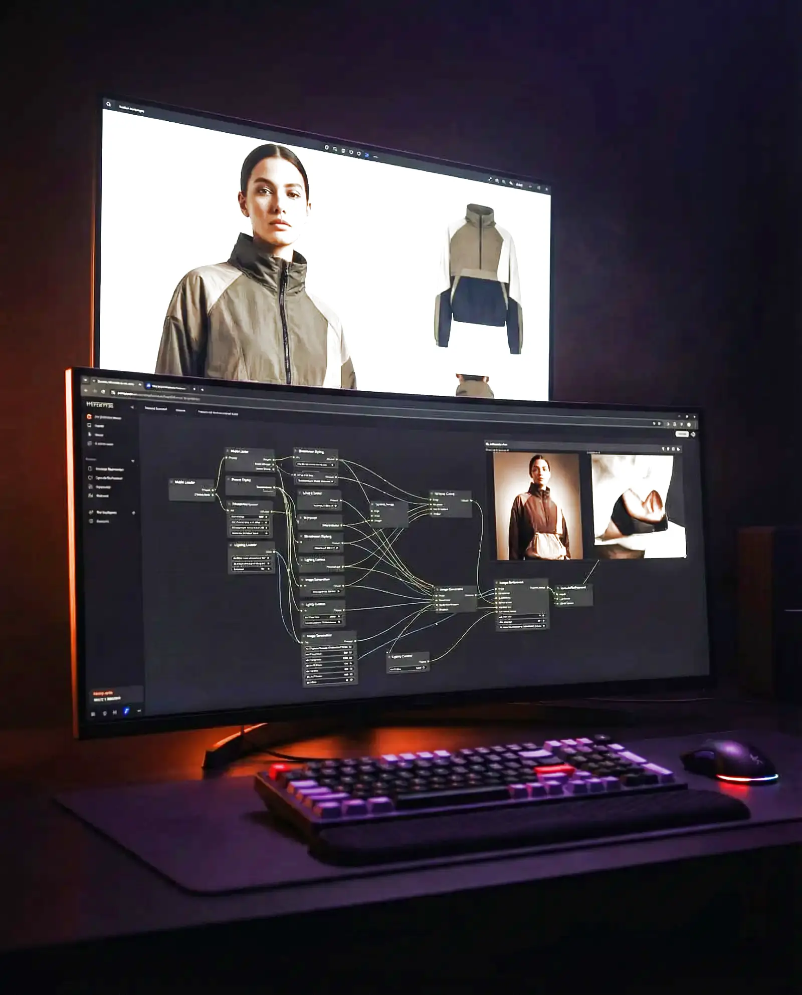 A node-based AI workflow open on a studio monitor