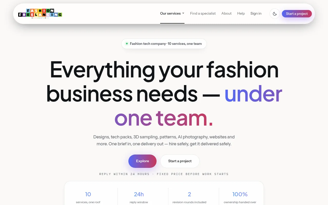 The Fashion Freelancing home page, designed and built by the studio