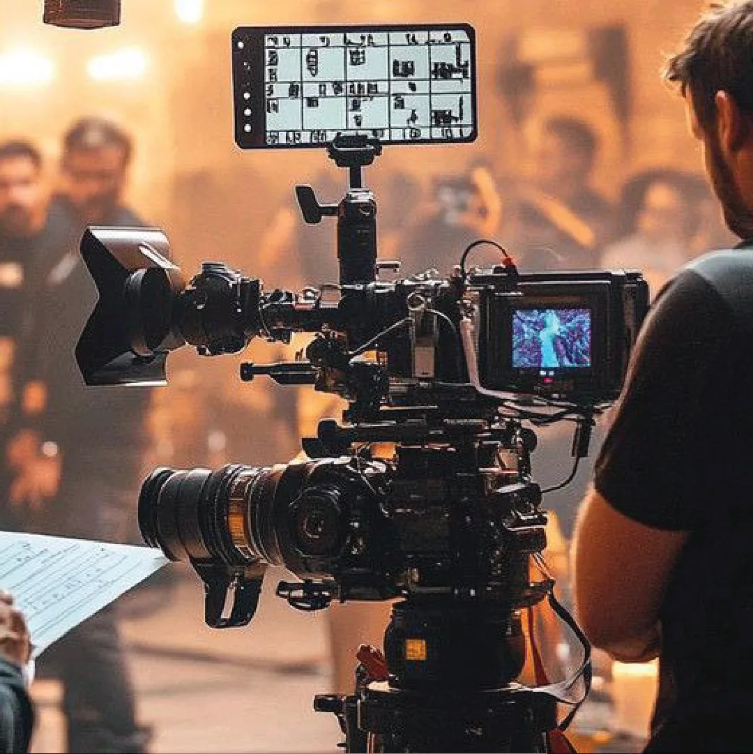 A cinema camera rig with a field monitor on a film set at night